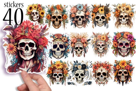 Download Skulls and Flowers - Boho Stickers PNG - Boho stickers Collection