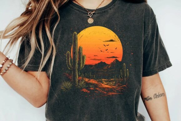 Download Vintage Desert Sunset Cactus Mountain Retro Graphic T-Shirt Design Png - Cactus Collection